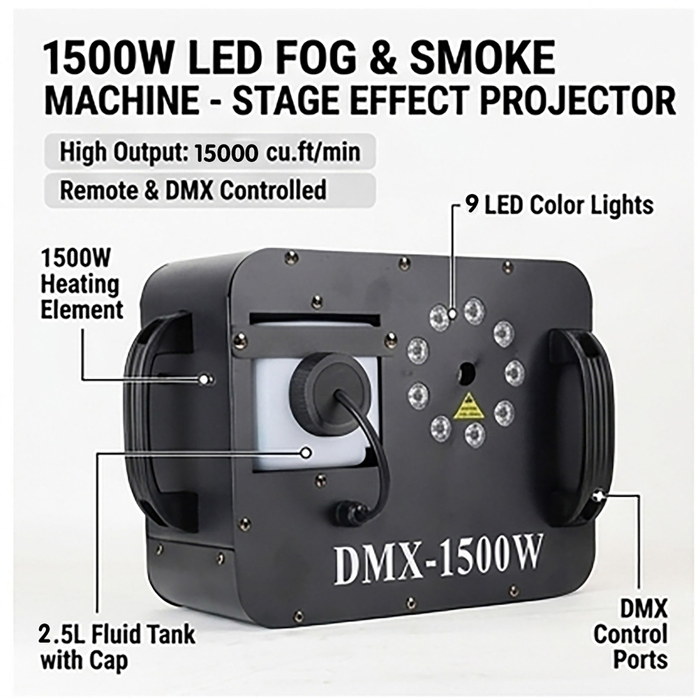 1500W Fog Rookmachine RGB 9X3W - Smoke Stopper recensie en prijs